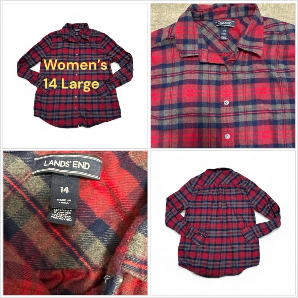 Women’s Lands End 14 Large Flannel Shirt Plaid Blue Red Long Sleeve Button